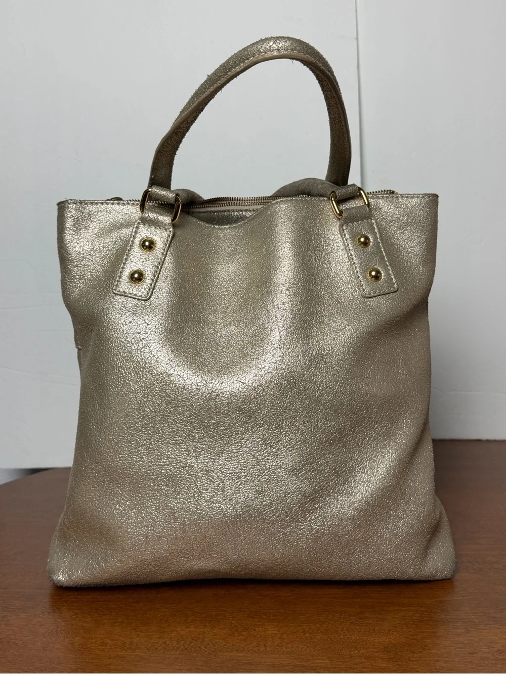 J Crew Metallic Gold Distressed Magazine Tote Bag Leather Vintage Y2K